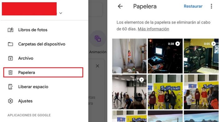 Recuperar con la papelera de reciclaje google fotos