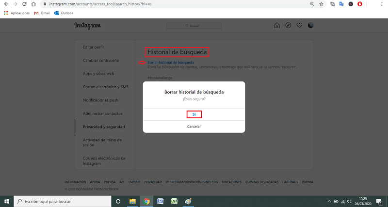 borrar historial instagram version web