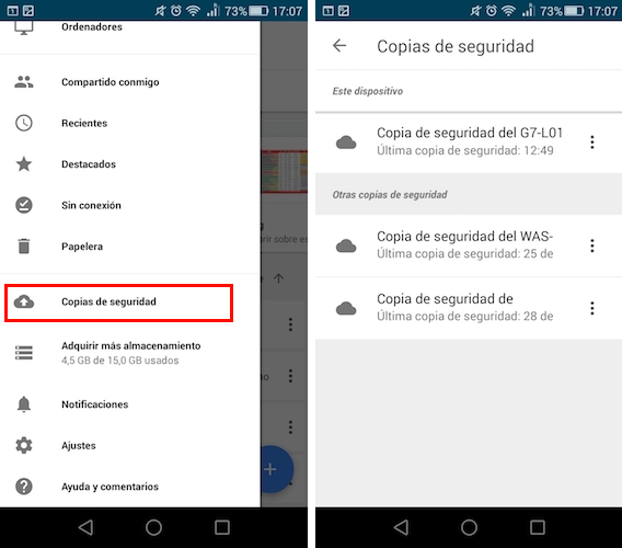ver backups drive android